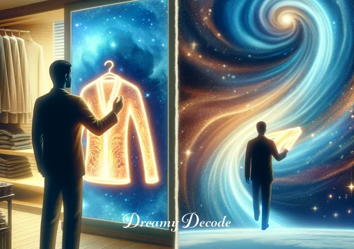 spiritual meaning of buying clothes in a dream _ The same person now holding the glowing garment, with a background that transitions from the store to a serene, celestial landscape. This represents the process of internalizing spiritual insights or values, as interpreted from the act of buying clothes in a dream.