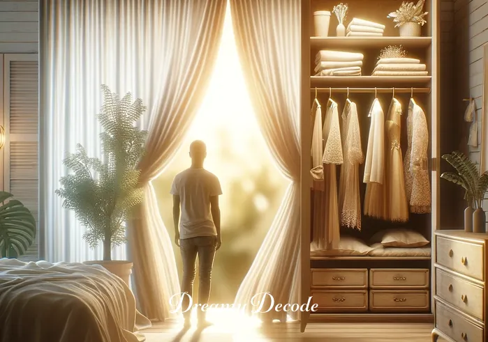 spiritual meaning of changing clothes in a dream _ A serene bedroom with soft, morning light filtering through sheer curtains. A person, in peaceful contemplation, stands in front of an open wardrobe, looking at an array of clothes. The clothes represent various stages of life, from youth to maturity, symbolizing personal growth and life transitions in a dream.