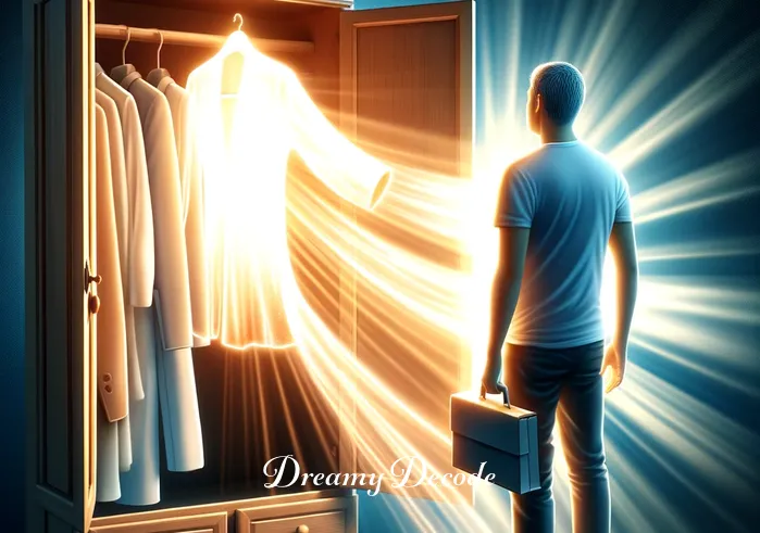 spiritual meaning of changing clothes in a dream _ The same person is now selecting a garment that radiates a gentle, glowing light. This garment, different from their current attire, symbolizes a change in spiritual or emotional state, reflecting the concept of shedding old aspects and embracing new beginnings in a dream.
