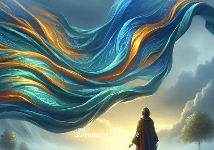 spiritual meaning of clothes in a dream _ A dreamer stands in a serene, misty landscape, gazing at a vividly colored cloak floating before them. The cloak, shimmering in hues of blue and gold, symbolizes a journey of self-discovery and spiritual awakening. The dreamer