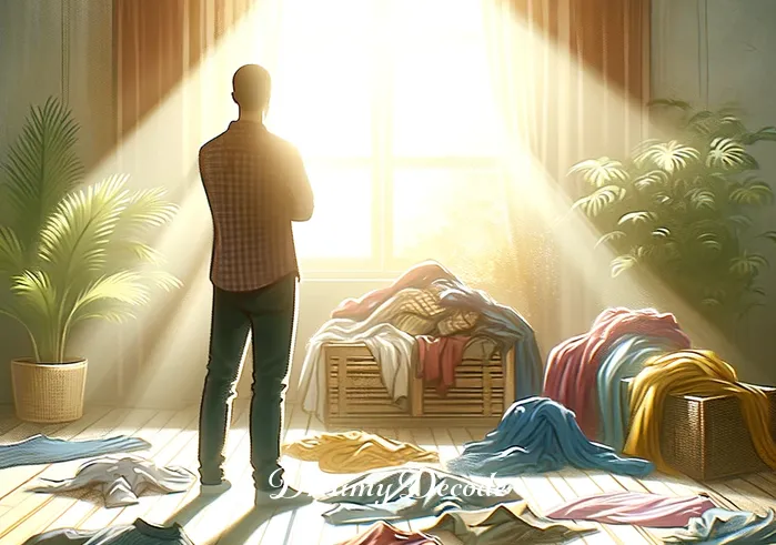 spiritual meaning of packing clothes in a dream _ A person standing in a peaceful, sunlit room, surrounded by various colorful clothes scattered on the floor. They are thoughtfully selecting garments, symbolizing the initial stage of self-reflection and decision-making in a spiritual journey.