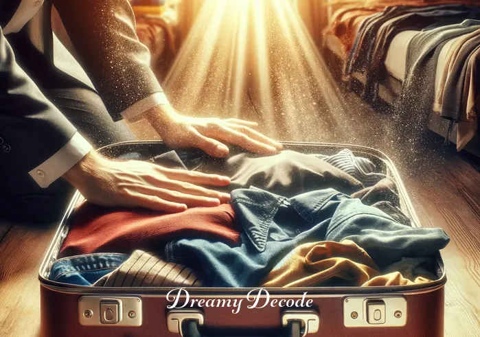 spiritual meaning of packing clothes in a dream _ In this image, the person is closing the nearly full suitcase, with a few clothes still in their hands. This depicts the challenge of letting go and the struggle to decide what to keep and what to leave behind in a spiritual context.