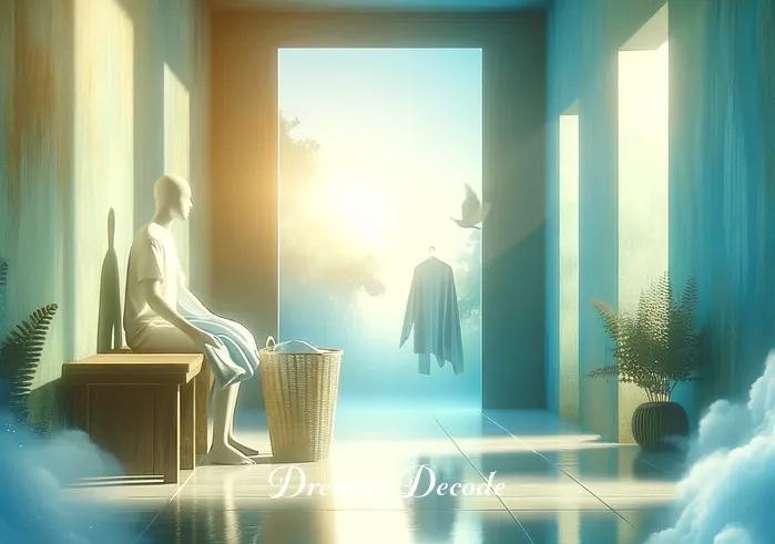 spiritual meaning of washing clothes in a dream _ A person standing in a serene, brightly-lit room, holding a basket of clothes. The room has a peaceful, ethereal quality, suggesting a dream-like state. The person, with a contemplative expression, prepares to wash the clothes, symbolizing the beginning of a spiritual cleansing journey.
