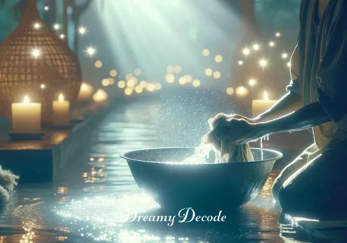 spiritual meaning of washing clothes in a dream _ The same person now actively washing the clothes in a basin of glowing water, surrounded by soft light. The water sparkles with an otherworldly glow, indicating a deep spiritual process. The person