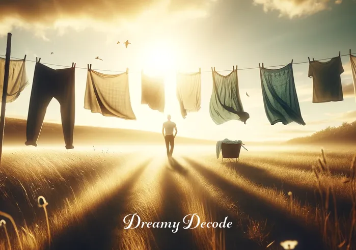 spiritual meaning of washing clothes in a dream _ The scene transitions to the person hanging the freshly washed clothes on a line in a tranquil, open field bathed in golden sunlight. The clothes flutter gently in a light breeze, symbolizing the release of burdens and renewal. The field stretches out, suggesting infinite possibilities and peace.