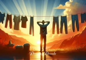 spiritual meaning of washing clothes in a dream _ The final scene shows the person standing back, admiring the clean clothes on the line. The background is a blend of dawn colors, symbolizing new beginnings. The person's face reflects satisfaction and a sense of inner peace, indicating the completion of a spiritual journey and personal transformation.