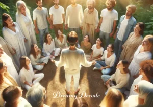 spiritual meaning of wearing white clothes in a dream _ The final scene depicts the person in white clothes, now surrounded by a group of diverse, smiling people in a circle, symbolizing unity and the sharing of spiritual enlightenment. The setting is a harmonious blend of nature and light, conveying a sense of community and spiritual fulfillment.