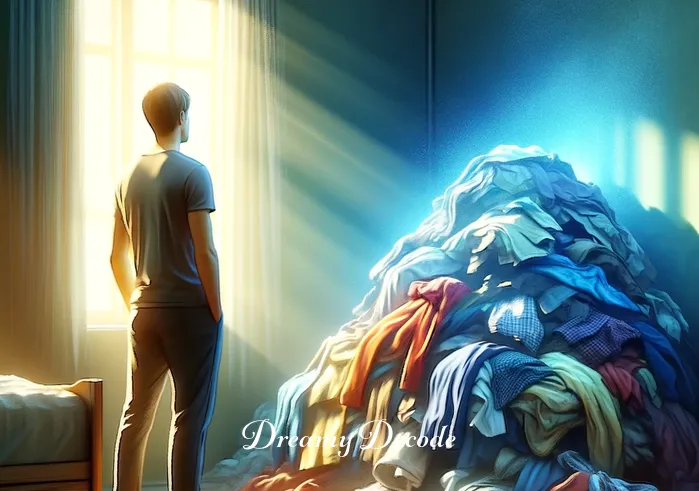 washing clothes dream meaning _ A dreamer standing in a tranquil, sunlit room, gazing at a pile of dirty clothes. The clothes are of various colors and fabrics, symbolizing a mix of emotions and situations in the dreamer