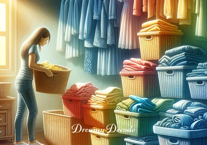 washing clothes dream meaning _ The dreamer now sorting the clothes into different baskets, separating them by color and fabric type. This action represents the process of organizing thoughts and feelings, prioritizing issues in the dreamer