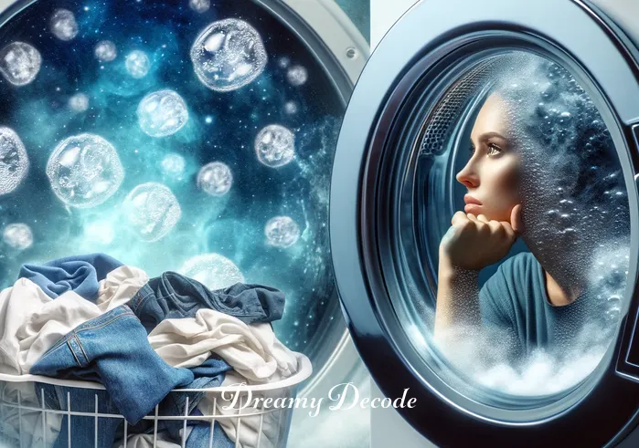 washing clothes dream meaning _ A washing machine filled with clothes, water, and soap bubbles, mid-cycle. The dreamer watches through the transparent lid, a look of contemplation on their face. This image symbolizes the cleansing and renewal process, addressing and resolving the issues represented by the clothes.