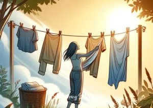 washing clothes dream meaning _ The dreamer happily hanging clean, wet clothes on a line in a garden bathed in gentle sunlight. The clothes sway slightly in a soft breeze, indicating a sense of peace and accomplishment. This final scene represents the resolution of problems and the fresh start after confronting and cleansing emotional or life challenges.