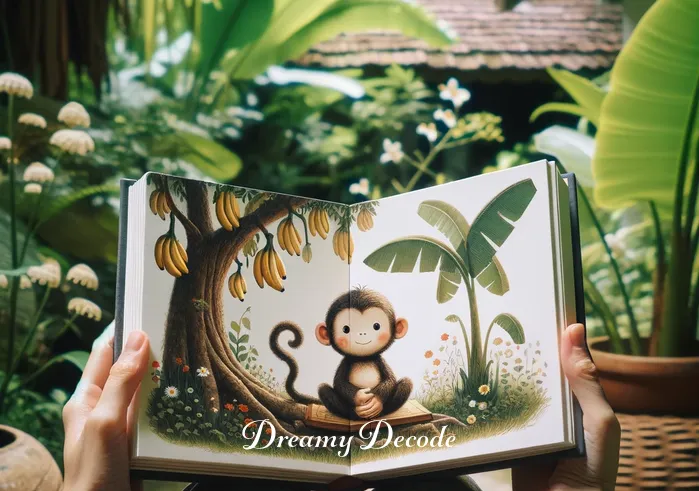 baby monkey dream meaning _ A person sitting in a peaceful garden, holding an open book with a whimsical illustration of a baby monkey sitting under a banana tree. The image conveys a sense of curiosity and wonder, matching the dream-like theme of the article.