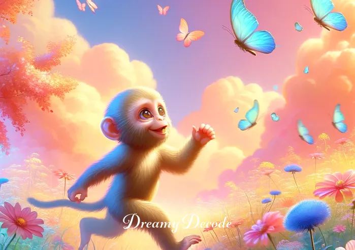 baby monkey dream meaning _ A dreamy, pastel-colored landscape showing a baby monkey playfully chasing butterflies in a field of flowers. The scene embodies innocence and joy, aligning with the positive interpretations often associated with baby monkeys in dreams.