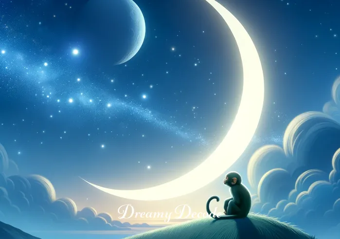 baby monkey dream meaning _ A serene night sky with a crescent moon, where a baby monkey is seen gazing at the stars from atop a gentle hill. This image symbolizes exploration and the pursuit of knowledge, reflecting deeper meanings often found in dream analysis.