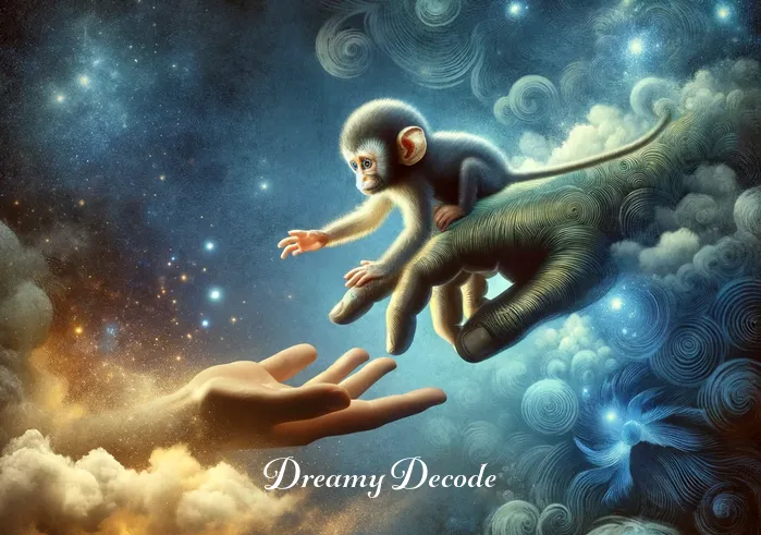 baby monkey dream meaning _ An imaginative depiction of a baby monkey reaching out to a human hand extended from a cloud, symbolizing guidance and protection. The image evokes feelings of comfort and support, resonating with themes of nurturing and care in dream symbolism.