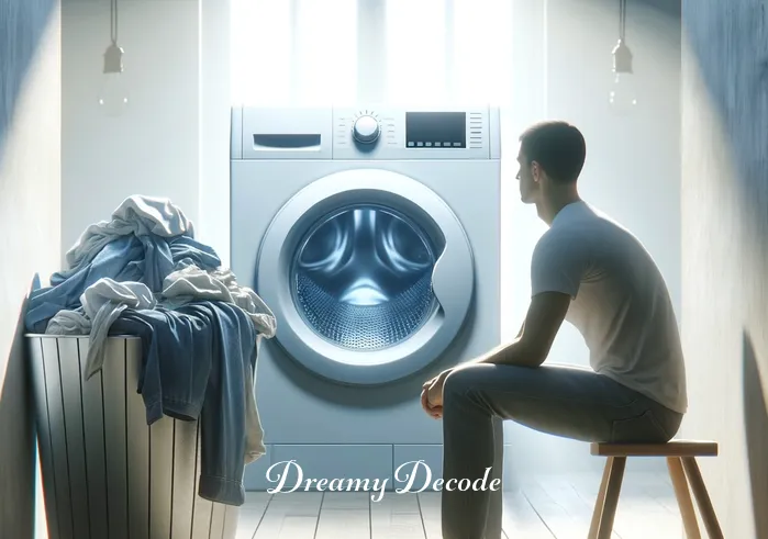 washing clothes in dream meaning _ A person standing in front of a washing machine, looking contemplatively at a pile of dirty clothes. The scene is set in a bright, clean laundry room, symbolizing the beginning of the process of cleansing and self-reflection.