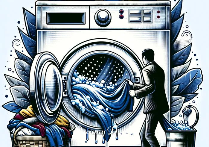 washing clothes in dream meaning _ The same person now loading the clothes into the washing machine, demonstrating action and decision-making. The washing machine is filled with clothes, soap, and water, representing the process of confronting and dealing with life