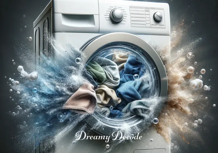 washing clothes in dream meaning _ The washing machine is in mid-cycle, with clothes tumbling and soap suds visible through the glass door. This symbolizes the transformative process, where old habits and thoughts are 