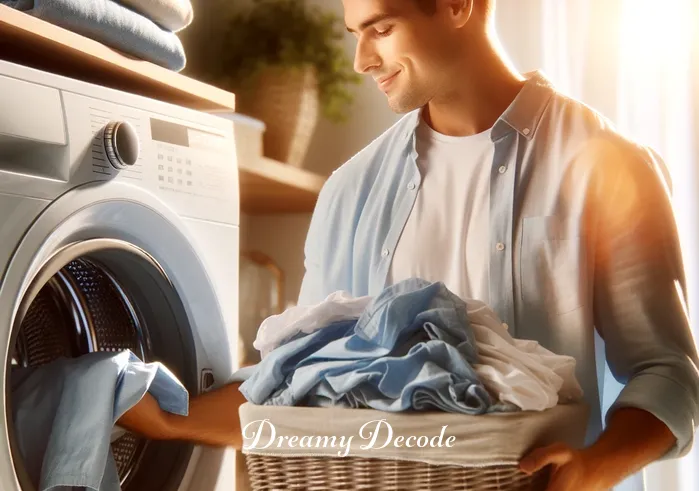 washing clothes in dream meaning _ The person is now unloading clean, fresh clothes from the washing machine, looking satisfied and refreshed. The laundry room is bathed in warm light, indicating the completion of a successful cleansing process and the renewal of the spirit.