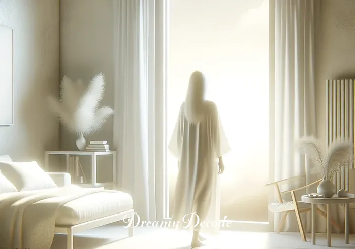 wearing white clothes in dream meaning _ A person standing in a bright, serene room, looking out of a large window. They are wearing flowing white robes that give a sense of peace and calmness. The room is minimally decorated, emphasizing a feeling of tranquility and clarity, resonating with the symbolism of purity and new beginnings associated with white clothing in dreams.