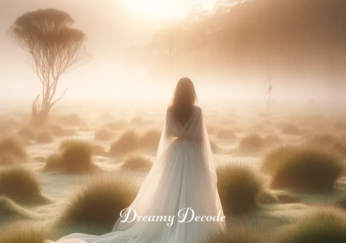 white clothes dream meaning _ A person standing in a serene meadow at dawn, wearing a flowing white gown. The soft morning light casts a gentle glow, highlighting the purity and simplicity of the white fabric. In the background, a faint mist rises, adding a dreamlike quality to the scene.