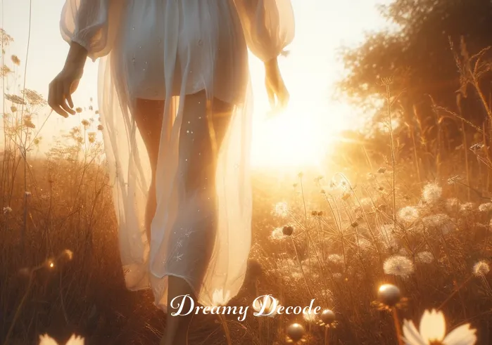 white clothes dream meaning _ The same person from the first image, now walking through the meadow, leaving a trail of white flower petals behind. The sun has risen higher, casting a warmer, golden light. The white clothes shimmer slightly, symbolizing clarity and new beginnings in the dream context.