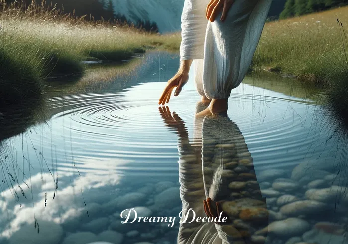 white clothes dream meaning _ In this image, the person is seen reaching a small, tranquil pond in the meadow. They gently touch the water, creating ripples. The reflection of their white attire in the clear water represents self-reflection and inner peace in dream interpretation.