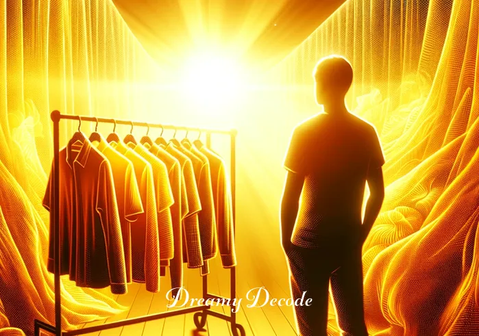 yellow clothes dream meaning _ A person standing in a brightly lit room, gazing at a rack of various yellow clothes. The room is filled with sunlight, casting a warm glow on the clothes, symbolizing the beginning of a journey into understanding the significance of yellow in dreams.