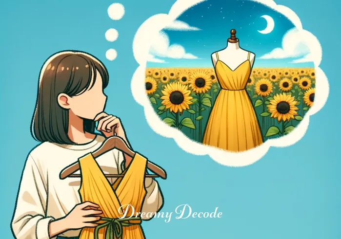 yellow clothes dream meaning _ The same person now holding a yellow dress, looking thoughtful. A dream bubble appears above their head, showing them wearing the dress in a dream, surrounded by a field of sunflowers under a clear blue sky, indicating a moment of realization about the joy and positivity associated with yellow in dreams.