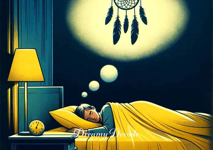 yellow clothes dream meaning _ The final scene shows the person peacefully sleeping in a bed with yellow sheets and pillows. The room is dark, except for a soft light from a bedside lamp. A dream catcher hangs above the bed, symbolizing the person's acceptance and understanding of the message conveyed by their yellow clothes dream.