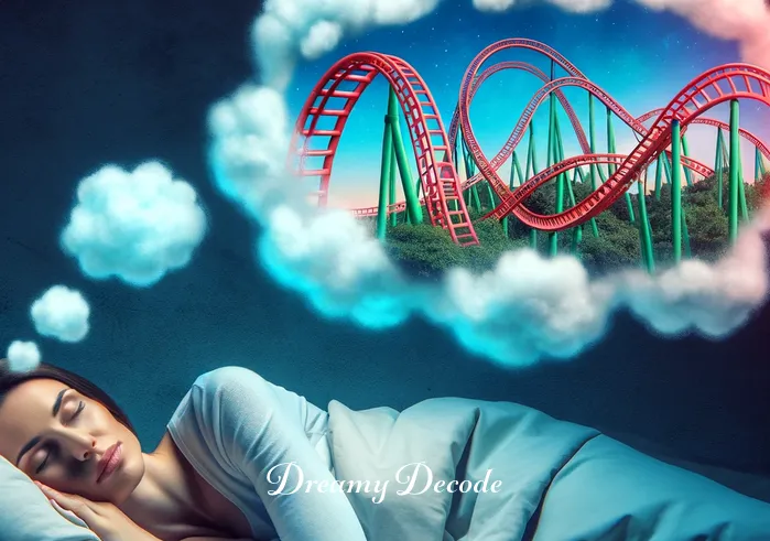 dream meaning roller coaster _ A vividly colored illustration of a dreamer sleeping peacefully in bed, with a thought bubble emerging that shows a roller coaster, symbolizing the beginning of a dream about a roller coaster.