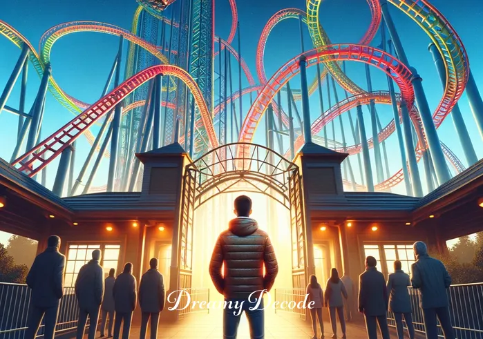 dream of roller coaster meaning _ A vivid dream illustration where an individual stands at the entrance of a roller coaster park, gazing up in awe at the towering, colorful roller coasters against a clear blue sky. The scene conveys a sense of anticipation and excitement.