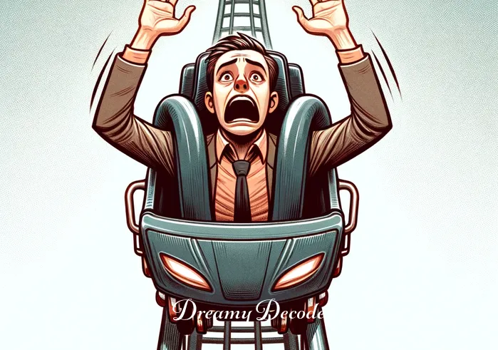 dream of roller coaster meaning _ The next scene depicts the same individual securely strapped in a roller coaster car at the peak of a high track, hands raised, with a mixed expression of thrill and apprehension. The track ahead dives steeply, symbolizing the dream