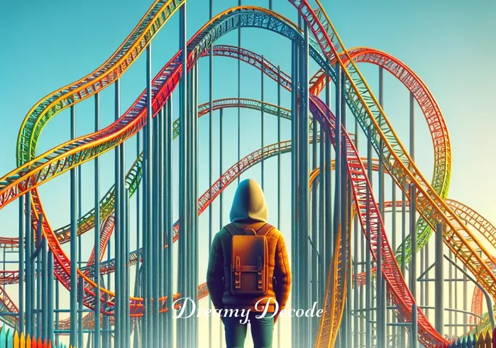 scary roller coaster dream meaning _ A vivid, colorful illustration of a person standing in front of a massive roller coaster, looking up with a mix of awe and anxiety. The roller coaster, depicted in bright colors, looms impressively against a clear blue sky, representing the anticipation and fear at the start of a thrilling journey.