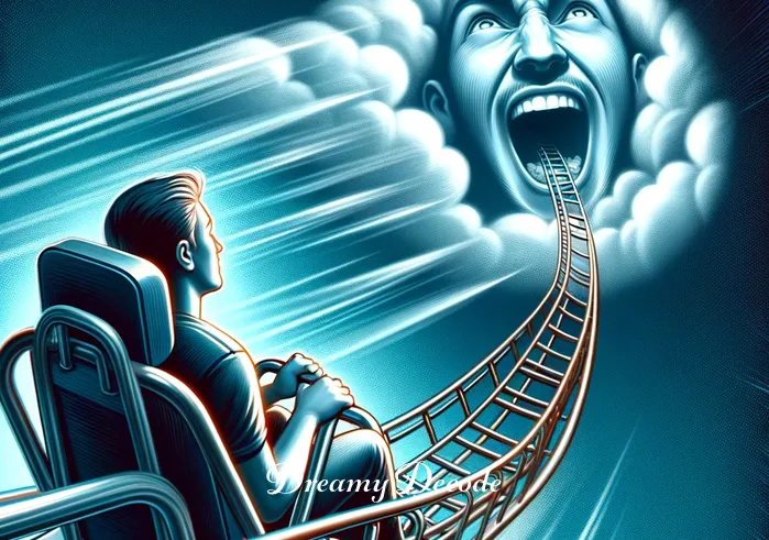 scary roller coaster dream meaning _ A dynamic scene where the same person is strapped into the roller coaster, hands gripping the safety bar. The roller coaster is just beginning its ascent, symbolizing the escalation of emotions and the build-up of tension in a dream. Excitement and fear are visible on the person