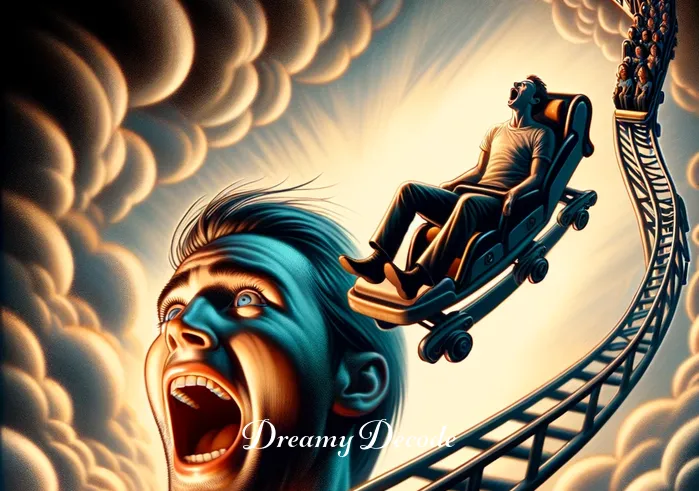 scary roller coaster dream meaning _ An intense moment at the peak of the roller coaster ride, capturing the person with eyes wide open and mouth agape as the coaster plunges downwards. This represents the climax of the dream, where fear and exhilaration combine at the highest point of emotional intensity.