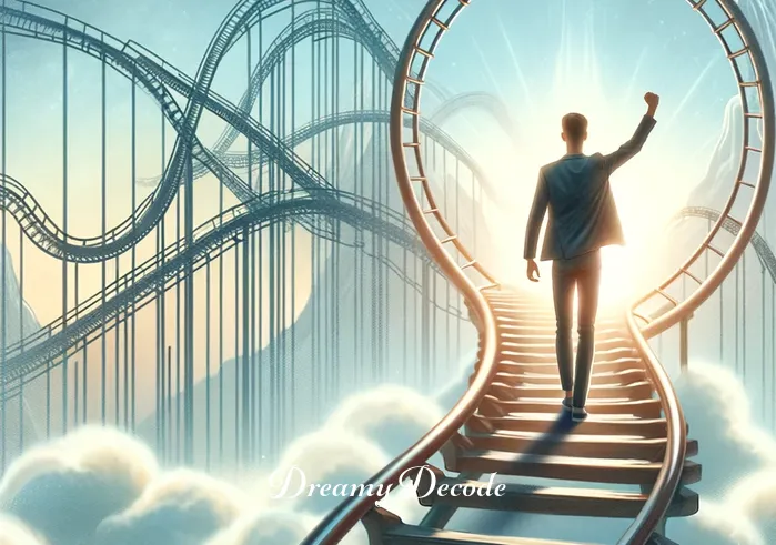 scary roller coaster dream meaning _ A serene image of the person stepping off the roller coaster, a look of relief and accomplishment on their face. The background shows the roller coaster in its entirety, symbolizing the end of the dream and the return to reality. This image conveys a sense of overcoming fear and gaining insight from the experience.