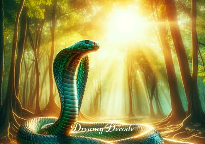 cobra dream meaning _ In the dream, a majestic cobra appears, coiled elegantly in a sunlit forest clearing. Its scales shimmer in the sunlight, reflecting vibrant shades of green and gold. The cobra