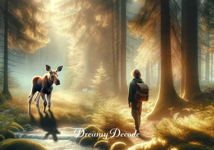 baby moose dream meaning _ A dreamer stands in a serene, sunlit forest clearing, gazing in wonder at a gentle baby moose emerging from the woods. The moose, with its soft brown fur and curious eyes, tentatively steps towards a nearby stream, symbolizing a journey of discovery and new beginnings.