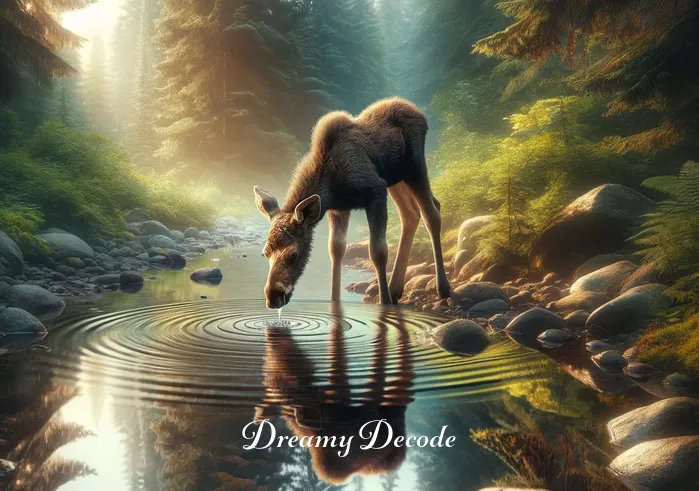 baby moose dream meaning _ The scene shifts to the baby moose drinking peacefully from the clear forest stream. Its reflection ripples in the water, representing self-reflection and inner growth in the dreamer