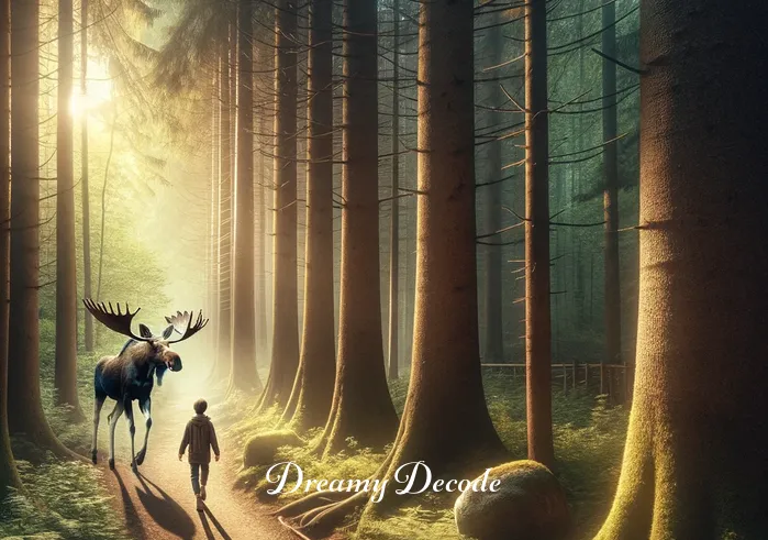 baby moose dream meaning _ Now, the dreamer and the baby moose walk side by side along a narrow forest path dappled with sunlight. This symbolizes companionship and guidance on the dreamer