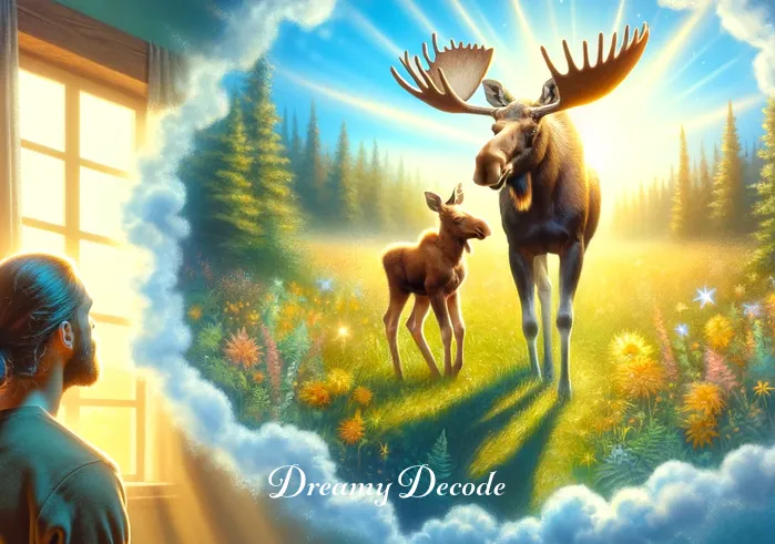 baby moose dream meaning _ The final image shows the dreamer watching the baby moose rejoin its family in a sunlit meadow. This moment signifies the dreamer's understanding and acceptance of life's cycles and connections, embodying a sense of fulfillment and peace.