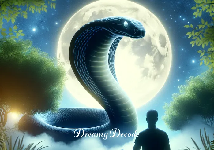 cobra in dream meaning _ A person stands in a serene, moonlit garden, gazing at a large cobra. The cobra, with its hood expanded, seems almost ethereal, radiating a soft glow. The person appears calm, reflecting a sense of understanding or revelation, as if the cobra