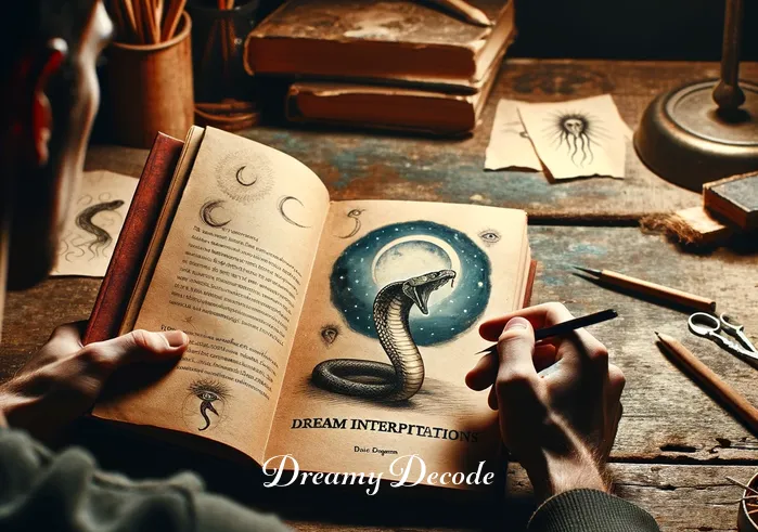 cobra in dream meaning _ The same person is now seated at a rustic wooden desk, illuminated by a dim lamp. They are deeply engrossed in reading a thick book about dream interpretations, with a bookmarked page showing a detailed illustration of a cobra. Notes and sketches of cobras are scattered around, suggesting a quest for deeper meaning.