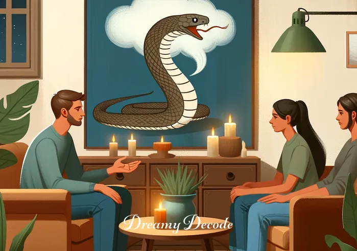 cobra in dream meaning _ In the next scene, the person is discussing their dream with a group of interested friends in a cozy living room. A large, detailed painting of a cobra hangs on the wall behind them, symbolizing the central role of the dream in their conversation. Everyone looks engaged and curious, listening intently to the dreamer