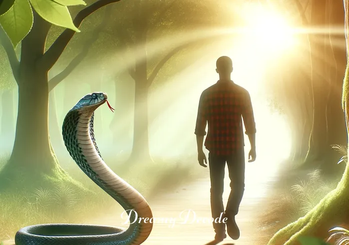 cobra in dream meaning _ The final image shows the person walking in a lush, sunlit forest, looking relaxed and enlightened. A small, non-threatening cobra is seen in the background, almost blending into the scenery. This symbolizes the person's acceptance and integration of the dream's message into their life, leading to inner peace and harmony.