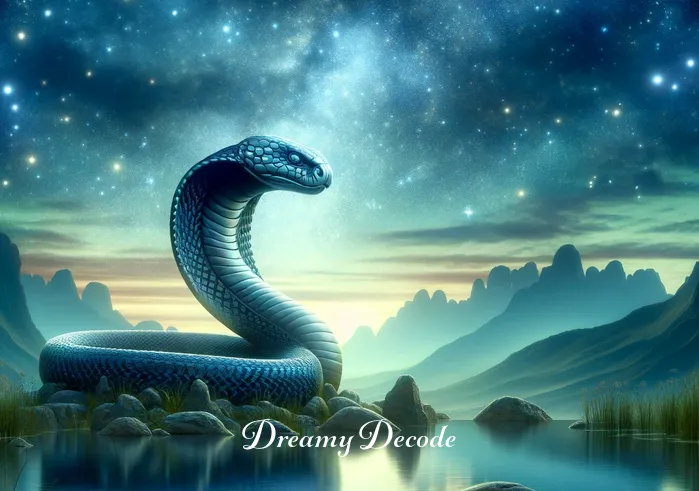 cobra snake dream meaning _ A serene landscape under a starlit sky, with a large, majestic cobra snake gently emerging from a cluster of rocks at the edge of a tranquil pond. The cobra