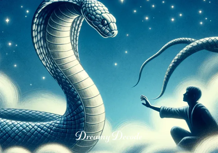 cobra snake dream meaning _ The dreamer, now closer to the cobra, reaches out a tentative hand towards it. The cobra, in response, gently lowers its head, allowing the dreamer to touch its smooth scales. This scene symbolizes the dreamer