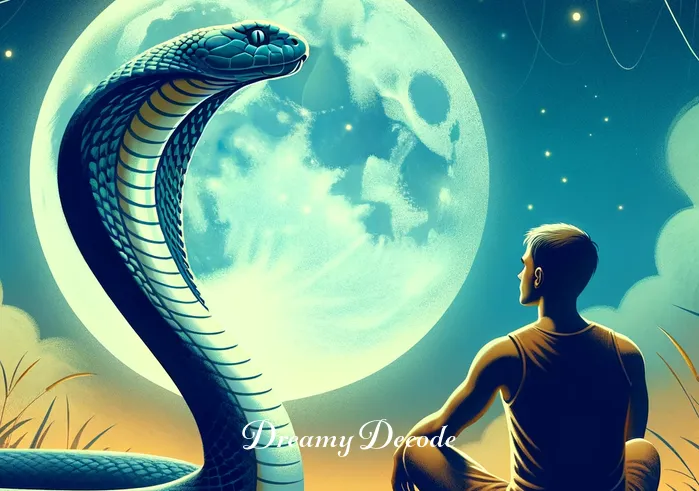 cobra snake dream meaning _ The dreamer and the cobra, now in harmony, are seen under the luminous full moon, with the dreamer sitting cross-legged beside the cobra. Both are looking towards the horizon, suggesting a newfound sense of direction and purpose in the dreamer's life, as gleaned from the symbolic interaction with the cobra in the dream.