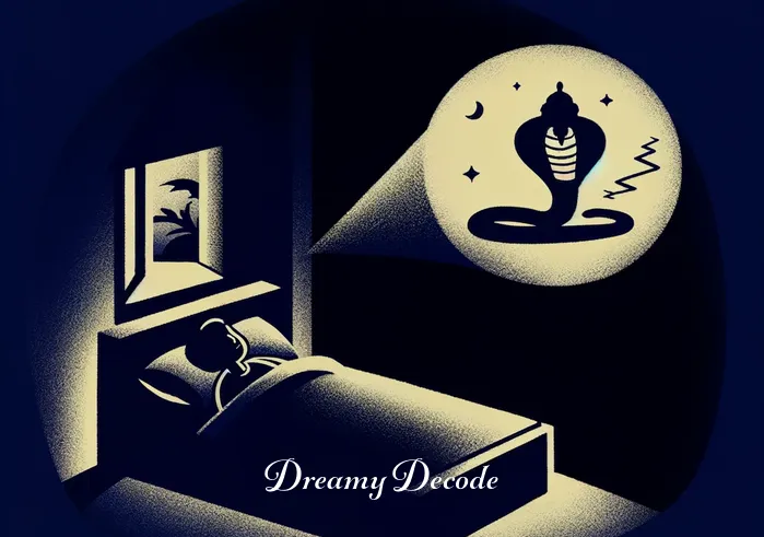 dream meaning cobra _ A person sleeping peacefully in a dimly lit room, with a faint outline of a cobra shadow appearing on the wall, symbolizing the onset of a dream about cobras.